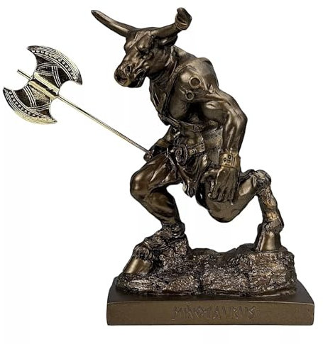 Minotaurus mit Doppelaxt, griechisches Monster, bronzefarbene Statue, Skulptur aus gegossenem Marmor