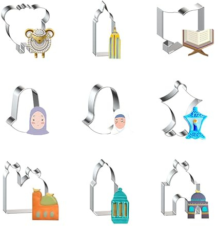 WDYJMALL Eid Mubarak Ramadan Islamic Muslim Cookie Cutters 9-Pc Set - Sheep Lamb Mosque Church Quran Book Lantern Muslim Men Women - D