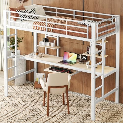 Idemon Hochbett, 90 * 200 cm, Bettgestell Metallbett, Eisenbett, Hochbett mit Schreibtisch und Zwei Bücherregalen für Kinder, Jugendliche und Erwachsene, Weiß