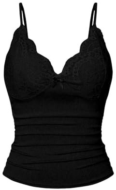 GORGLITTER Women's Deep V Neck Scalloped Bow Lace Cami Tops Ruched Sexy Skinny Crop Tops Black Medium