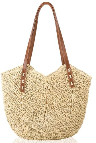 ViEinkaufen Straw Beach Bags for Women Woven Tote Bag Summer Travel Beach Handbag Handmade Boho Straw Bag with Zip for Beach Vocation Holiday and Shopping