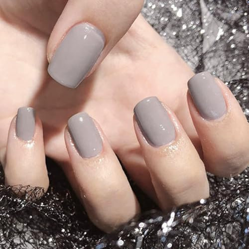 Ceboic 24 Stück Französische Nägel Zum Aufkleben, Einfarbig Grau Press on Nails, Kurz Eckig Full Cover Falsche Nägel, Natürliche Acrylnägel Künstliche Fingernägel zum Aufkleben für Frauen Mädchen