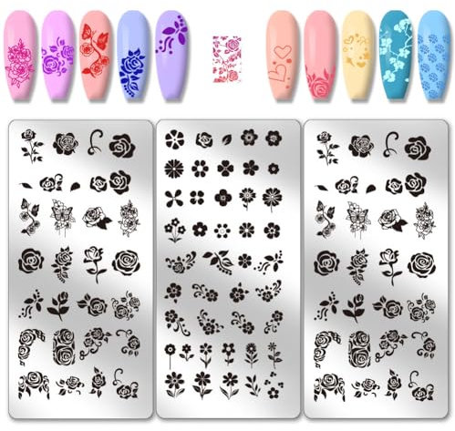 PH PandaHall 3pcs Flower Nail Stamping Plates Rose Nails Art Stencils Leaf Plants Nails Image Plates Daisy Naisl Design Stamp Plate Heart Star Nail Art Templates for Women Manicure Salon DIY Print