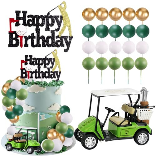 MEMOVAN Golf Cake Decorations Golf Birthday Cake Toppers Mini Golf Cart Toy Golf Theme Cake Decorations with Green Gold and White Ball Cake Topper for Golf Theme Party Supplies