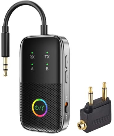 Bluetooth Sender Empfänger für TV/Flugzeug, Unterstützt 2 Kopfhörer mit AptX Adaptive/Low Latency, 3.5mm Aux Kabelloser Audio Adapter für Heimstereo/Flucht/Auto/Lautsprecher/Fitnessstudio, Plug & Play