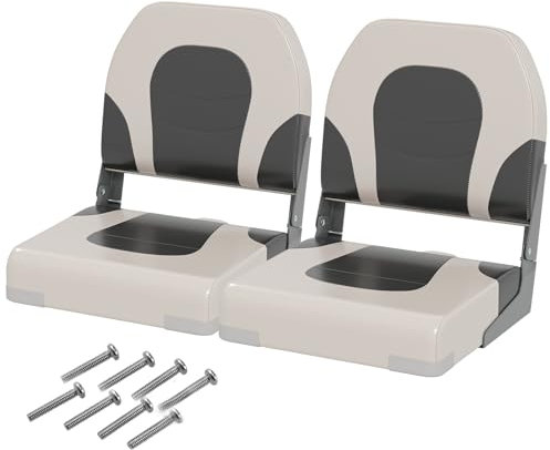 COSTWAY Set of 2 Foldable Boat Chairs, Fold-Down Low Back Captain Boat Seats with Thick Sponge Padding, Ergonomic Seating for Fishing Boat Yachts (Off White+Grey, 42 x 51 x 49cm)