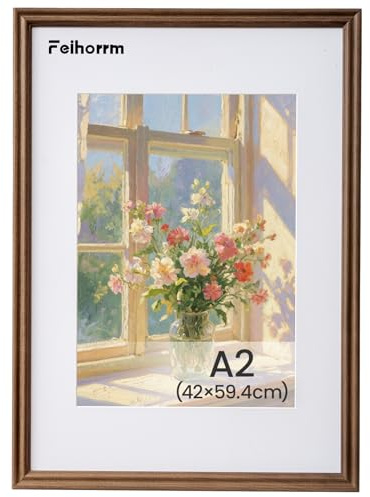 Feihorrm Vintage Bilderrahmen, A2 Walnuss Massivholz Fotorahmen, Mit gehärtetem Glas, Für 42x59,4 cm-Fotos ohne Passepartout oder 28,7x41 cm-Fotos mit Passepartout (Dunkel Braun, A2 (42x59,4 cm))