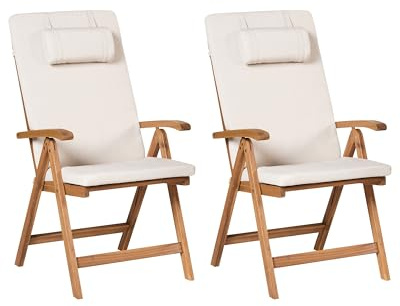 Beliani Rustic Set of 2 Garden Chairs Light Acacia Wood Folding Light Beige Cushions Java Premium