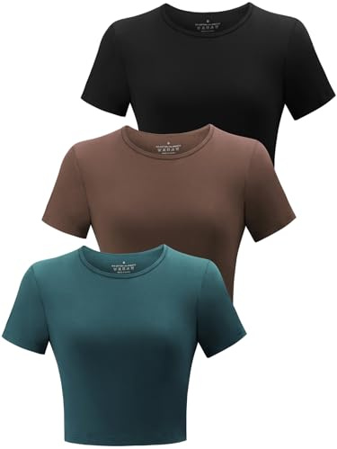 BryticFlow 3er Pack Cropped T-Shirts Damen Baumwolle Kurzarm Yoga Crop Top | Workout Crop T-Shirts, Kurzarm Yoga Shirt, Fitness T-Shirt, Basic Crop Pilates Top,Workout Gym Shirt,