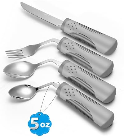 CuraVita Adaptive Utensils (4-Piece Kitchen Set) Weighted 140g - 42° Angled Utensils for Parkinson's Patients, Hand Tremors, Arthritis & Elderly - Eating Utensils for Elderly (Right Handed)