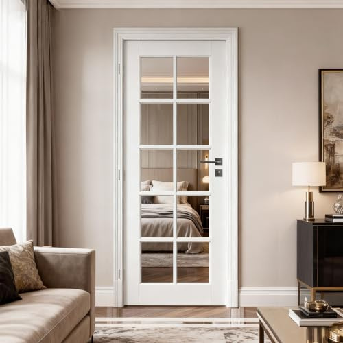 LetLcuk 28 x 80 10-Panel Clear Glass Interior Door - White Eco-Friendly Water-Based Paint, Sleek Design for Home Office/Bathroom/Kitchen, Lightweight & Durable
