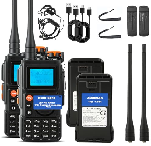 2PCS Walkie Talkies Two Way Radio with Air Band Monitor for Adults | 2600mAh Type-C Battery, 8W, VOX Hands-Free FM Radio, SOS Emergency Alert, Weather Alert, Camping Hiking & Work
