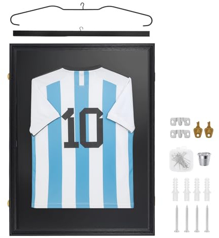 Football Shirt Frame Display Case, 80 x 60 cm Lockable Jersey Shadow Box for Adult Sports Shirts, Football Rugby or Band T-Shirts, Black Frame Mount, Wall Hanging