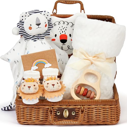 Baby Geschenk Junge Mädchen, Neugeborenen Geschenk Geburt Junge Mädchen Babygeschenke mit Baby Schmusetuch mit Löwe, Babydecke, Lätzchen, Socken, Holzrassel, Babyparty Geschenkbox Baby Shower Party