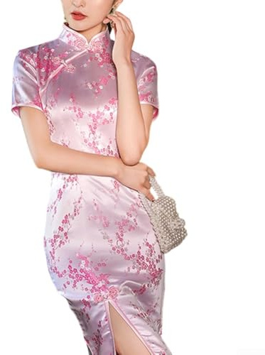 Robe Qipao élégante de style chinois pour femme - Longue robe traditionnelle Cheongsam avec imprimé fleurs de prunier pour le printemps et l'été - Rouge (2XL rose)