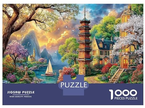 Mountain Village Puzzle 1000-teilige Schwer Puzzle Spielzeug Lernspiel Impossible Pagoda by Colorful Sea Herausforderung Spielzeug Für Erwachsene Und Kinder Ab 12 Jahren 52x38cm/1000pcs