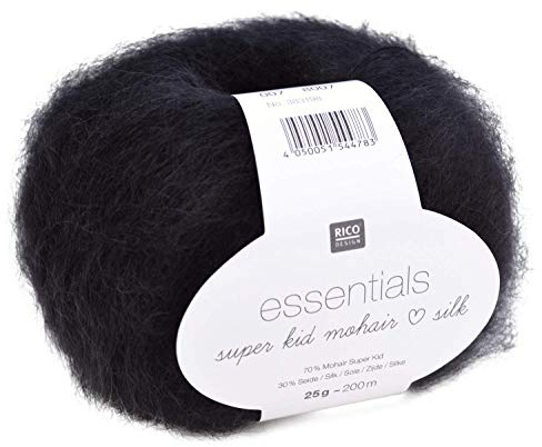 Rico Essentials Super Kid Mohair loves Silk, Fb. 007 – schwarz, Lacegarn aus Super Kid Mohair & Seide zum Stricken und Häkeln, Lacewolle Nadelstärke 4,5 mm