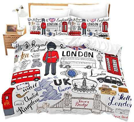 Loussiesd Kinder Teen Betten Set London Telefonzelle Bettwäsche Set für Jungen Mädchen Doppeldecker-Bus Himmlische Qualität Bettbezug mit 1 Kissenbezug Einzelbett 2 teilig 135x200 cm + 80x80 cm