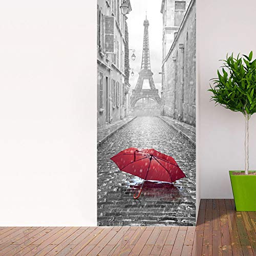 ANHHWW Türtapete Selbstklebend 3D Roter Regenschirm Des Pariser Turms Türtapete Wandbilder Pvc Tür Poster Vinyl Entfernbar Schlafzimmer Mauer Aufkleber Zuhause Dekor 88X200Cm