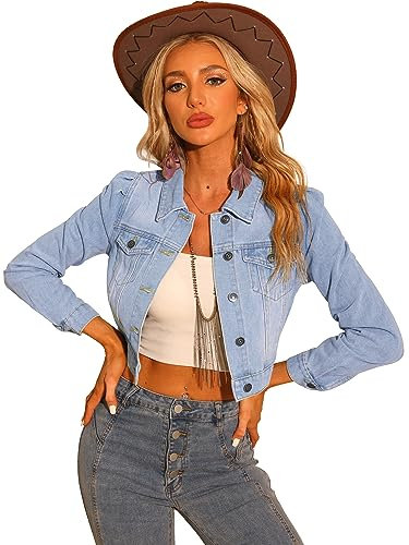 Allegra K Women's Jean Jackets Puff Sleeve Button Up Cropped Denim Jacket, Light Blue, L