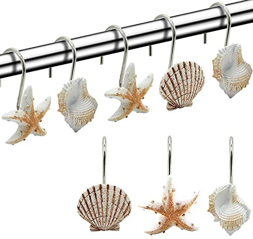 FINROS Seashell Ganchos para cortina de ducha, 12 ganchos decorativos de resina antioxidantes para baño, habitación de bebé, dormitorio, decoración de sala de estar (marrón claro)