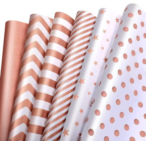Metallic Rose Gold Tissue Paper 35 x 50cm - 120 Sheets 6 Design for Gift Bags Wrapping Gift Crafts Packing, Tissue Paper Bulk for Easter Birthday Wedding Bridal Baby Shower Party All Occasions