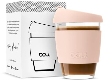 Doli Glas Kaffeebecher to go 340ml Blush - Schwappdicht mit Thermohülle - Trinkbecher für Heiß- & Kaltgetränke - Spülmaschinenfest - BPA-frei