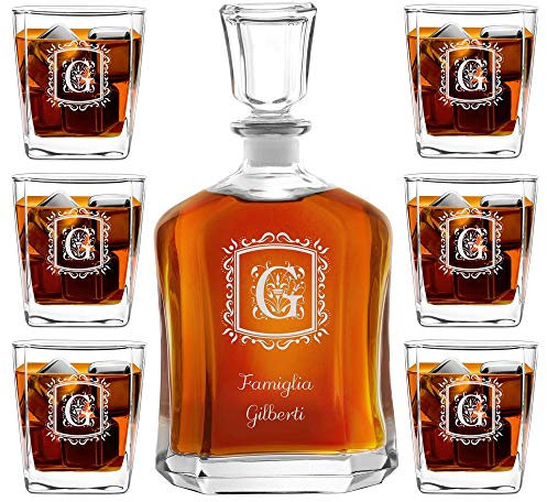 Maverton Set Decanter per Whisky in vetro - da 700 ml - incisione personalizzata - Caraffa + 6 bicchieri - idea regalo per l'anniversario per la coppia di sposi o fidanzati - La Famiglia