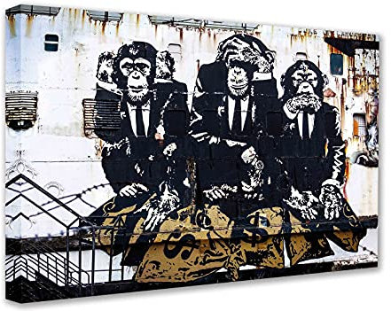 Banksy Bilder Leinwand Affen Monkey Business I Graffiti street art, kunstdrucke fertig zum aufhängen (div.Formaten) wandbilder Affenbilder leinwandbild von Affe Deko (60x80 cm)