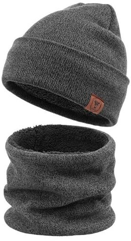 OZERO 2 in 1 Winter Warm Beanie Hut Schal Set, Strick Thermal Polar Fleece für Männer und Frauen Schwarz/Grau/Lila