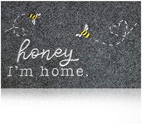 HLFMVWE Large Kitchen Rug, Outdoor Entrance 'Honey I'm Home' Bee Non Slip Shoe Mat, Low Profile Floor Mat, Funny Welcome Doormat for Outside Entry, Front Back Door Porch, Gray