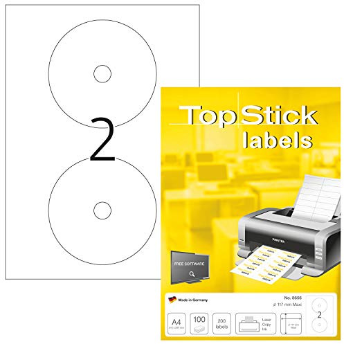TopStick 8656 CD DVD Etiketten, 1000 Blatt, Ø 117 mm Maxi, 2 pro A4 Bogen, 2000 Stück, selbstklebend, bedruckbar, matt, blanko Papier Klebeetiketten Aufkleber, weiß