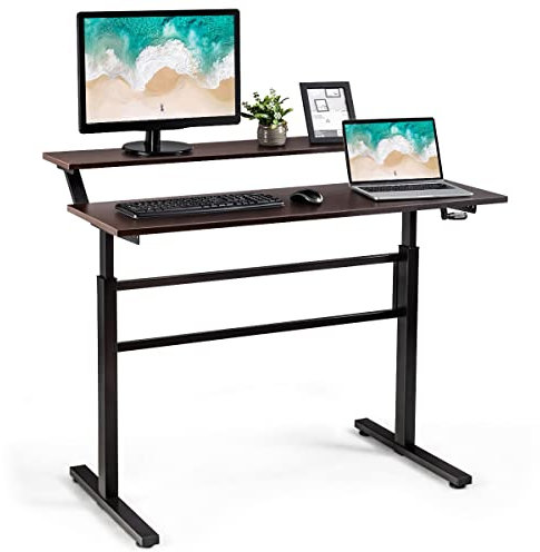 COSTWAY Standing Desk 120 x 60cm, 2-Tier Height Adjustable Sit Stand Desk with Monitor Stand & Foldable Crank Handle, Ergonomic Home Office Computer Table Writing Workstation (Brown)