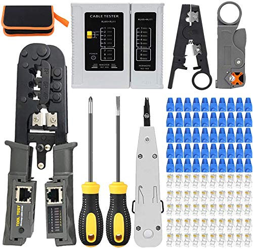 MAYLINE RJ45 Crimp Tool Kit, Cable Tester Cat5 Cat5e Cat6 Crimping Cutter Tool for RJ45/RJ12 Regular and End-Pass-Through Crimper with Connectors&Covers with Network Wire Stripper(Grey)