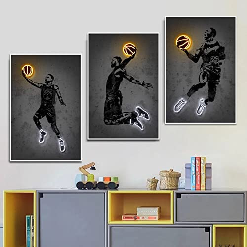 YHXCT Neon Art Poster Print Wall Art Toile Sports Peinture Basketball Star Dunk Photos pour Salon Home Decor Affiches pour Garçons Chambre Tableaux Décorations Murales 50X70Cmx3