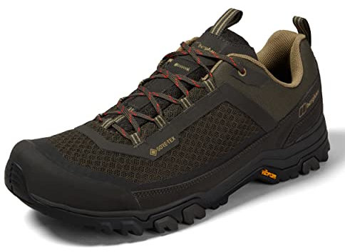 Berghaus Men's Ground Attack Active Gore-Tex Walking Shoes | Waterproof | Advanced Grip, Peat/Forest Night/Aloe/Poincia, 12