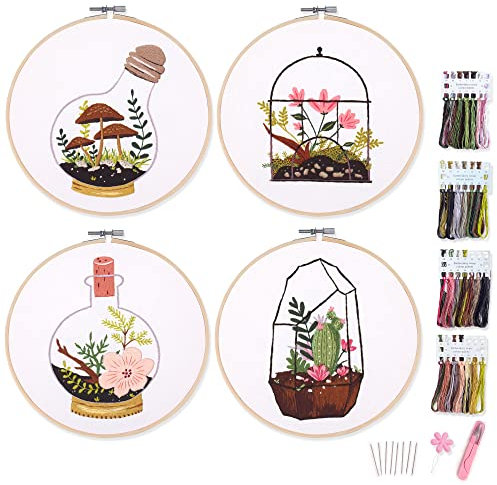 4 Sets of Myfilicity Embroidery Kits with Floral, Cactus, Mushroom Patterns, Including 4* Embroidery Cloth with pre-Printed Patterns, 4* Thread, 1* Hoop, etc.