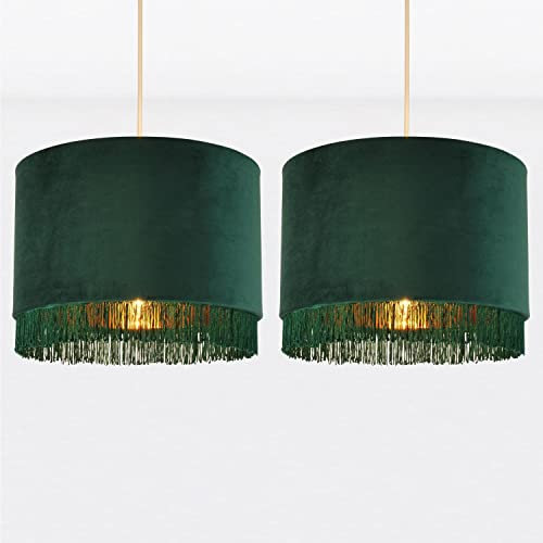 firstchoicelighting Set of 2 Green Velvet Easy Fit Ceiling Light Shades, 30cm Pendant Shade with Tassel Detail, Gold Inner