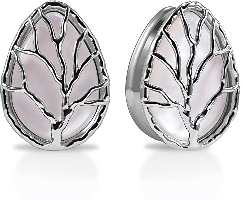 KOOBODY 2 STÜCKE Teardrop Pearl Shell Ear Gauges Saddle Tunnels Double Flared Plugs Life Tree Elegante Edelstahl Expander Stretcher Ohrringe für Frauen Gauge 0g-1