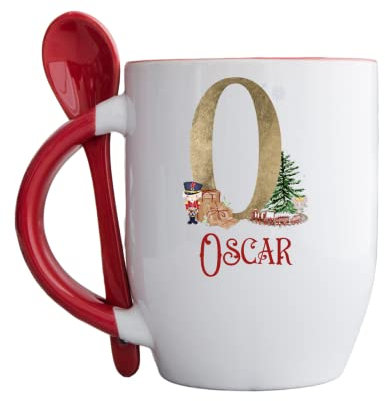 Personalised Red Handle Mug with spoon, Christmas Alphabet with nutcracker soldier design, gold Initial hot chocolate, Cute Xmas mug