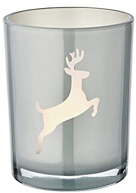 EDZARD Teelichtglas Loki Right (Höhe 13 cm, Ø 10 cm), grau, innen Silber | Hirsch-Motiv leuchtet silbrig im Kerzenschein · mittlere Höhe für die Tischmitte · für handelsübliche Teelichter