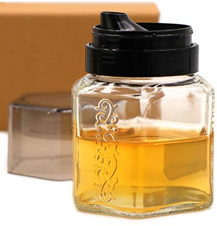 TOSSOW Honey Dispenser Glass Honey Jar Syrup Dispenser Jar Container with Lid and No Drip Plastic Pour Spout, Oil Dispenser Vinegar dispenser for Home Cooking (250ml)