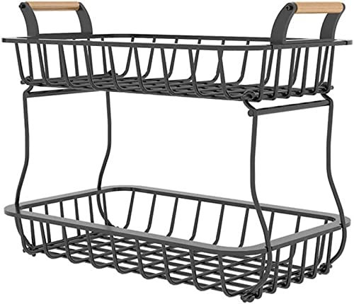 LEAYAN Obstteller Snackkorb 2 Ebenen Metall Obstkorb Küche Kleinartikel Lagerregal Küche Brotschale Gemüsehalter Rack Aufbewahrung Snack Lagerregal Obstkorb Desktop Decor (Schwarz)
