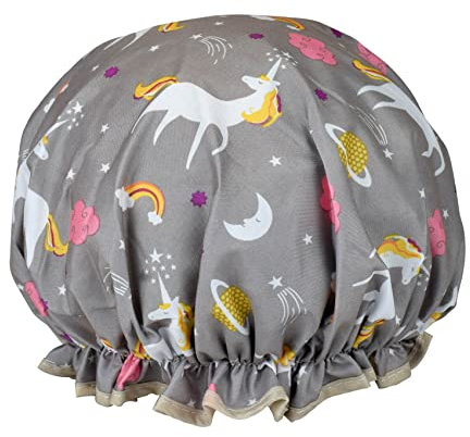1 Pack Shower Cap for Women, Oil-proof Caps, Double Layers Waterproof Reusable Bath Caps With Ruffled Edge Covering for Girls, Women, Ladies, Kids (Grey Unicorn)