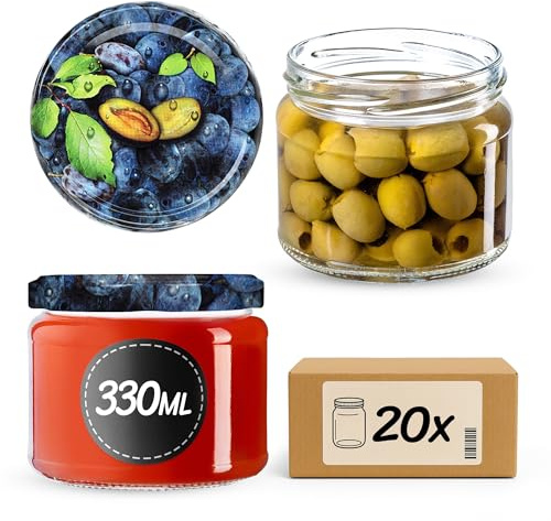 KADAX Jam Jars 330 ml, Preserving Jars with Airtight Lids for Homemade Marmalade and Honey, Small Glass Jars for Storing Herbs (Plums, Set of 20)