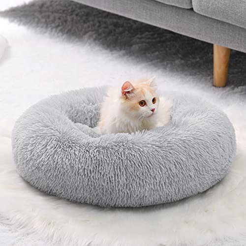 YOJOGEE Small Cat Bed for Indoor Cats, Self-Warming Donut Kitty Bed for Small Cats Keeping Warm, Washable Pet bed with Anti Slip Base, Grey 40cm