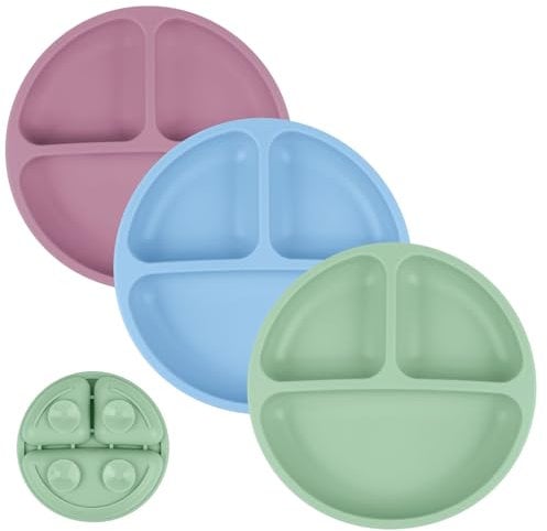 Vicloon Platos para niños,3 PCS Platos de Silicona,Plato Ventosa Bebe,Platos Bebe con Ventosa,Platos de Bebé Antideslizante,Mantel Individual Silicona Alimenticio para Bebé