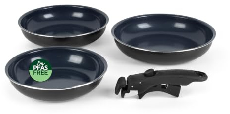 Russell Hobbs Smart Clip Frying Pan Set 3 Piece 20/24/28 Cm | Xylan Plus Non-Stick Coating, Removable Clip-On Handle, Stackable Design, Nightfall Stone Finish, PFOA-Free
