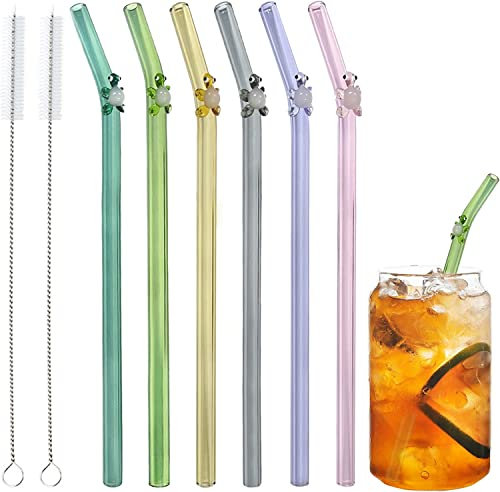 Strohhalme aus Glas Wiederverwendbare Strohhalme aus gebogenem Glas Bruchfestes, gebogenes Strohhalm-Design mit bunten Blumen Perfekt für Smoothies, Tee, Saft, Kaffee, Milchshakes(6 Schildkröte)