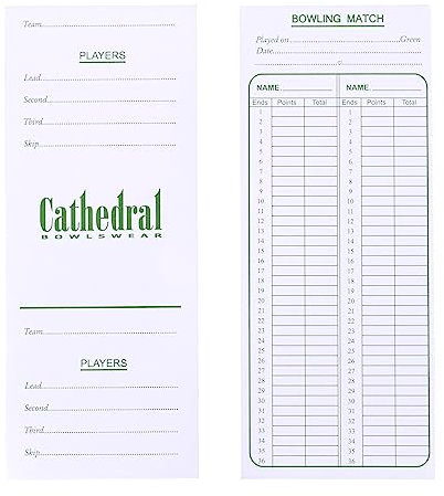 Cathedral Lawn Bowls Scorecards Scoring Pads Score Cards 100 Double Sided White Green Text Thick Card Printed Sheets 8 x 3 1/4